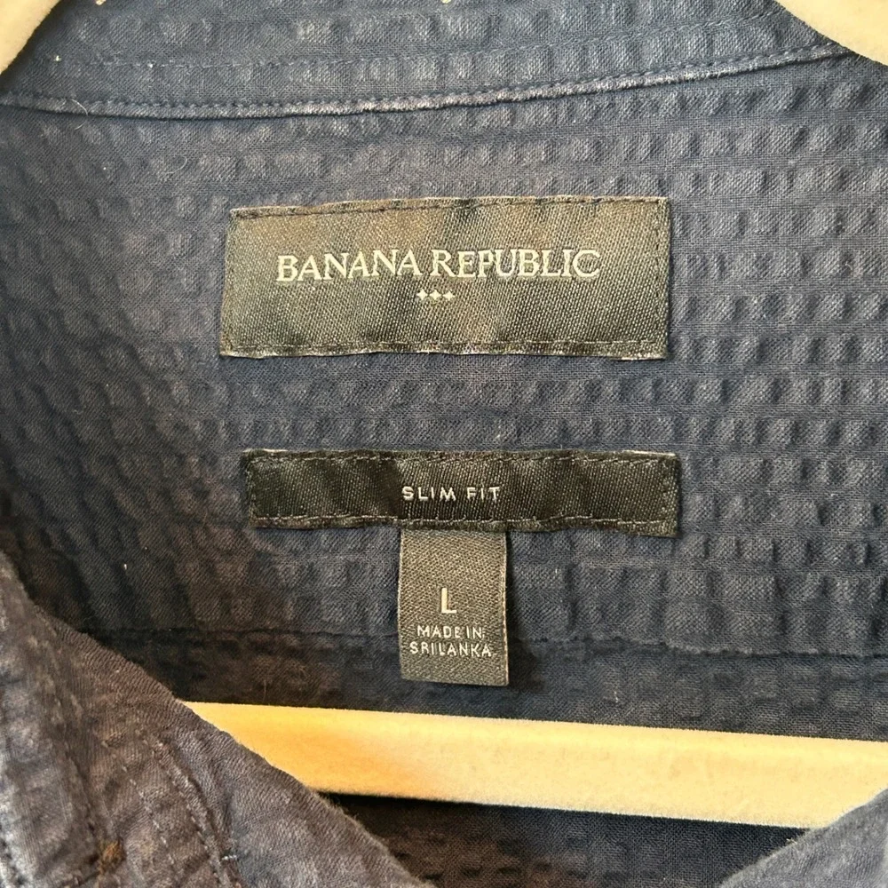 Banana Republic Mens Navy Blue Seersucker Short Sleeve Button Down Shirt Slim L